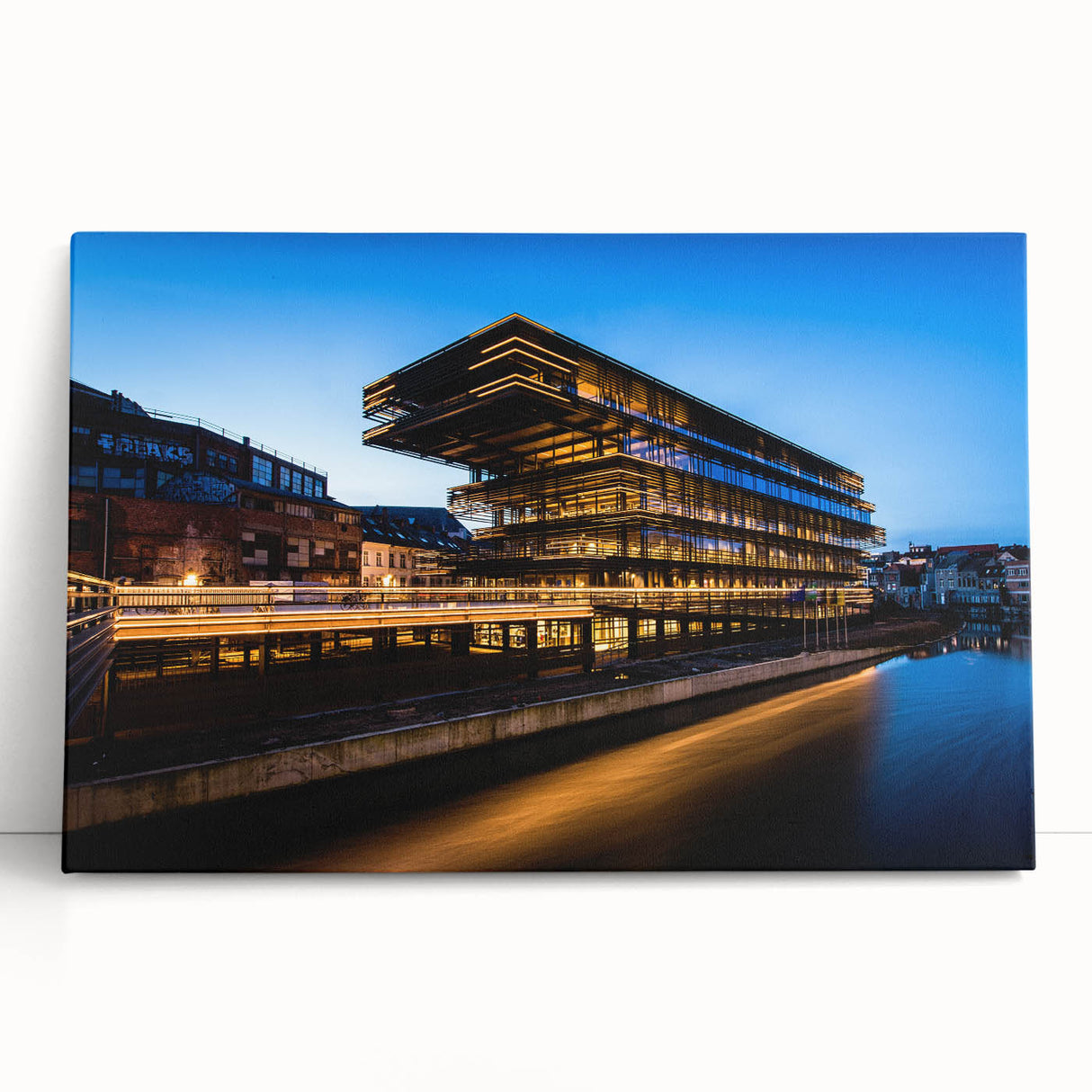 Large black and white photo of a European street scene on stretched canvas, ideal for kitchen art.