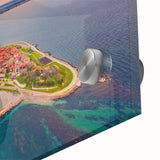 Large abstract wall art of a European Bulgarian scene in muted earth tones on acrylic glass.