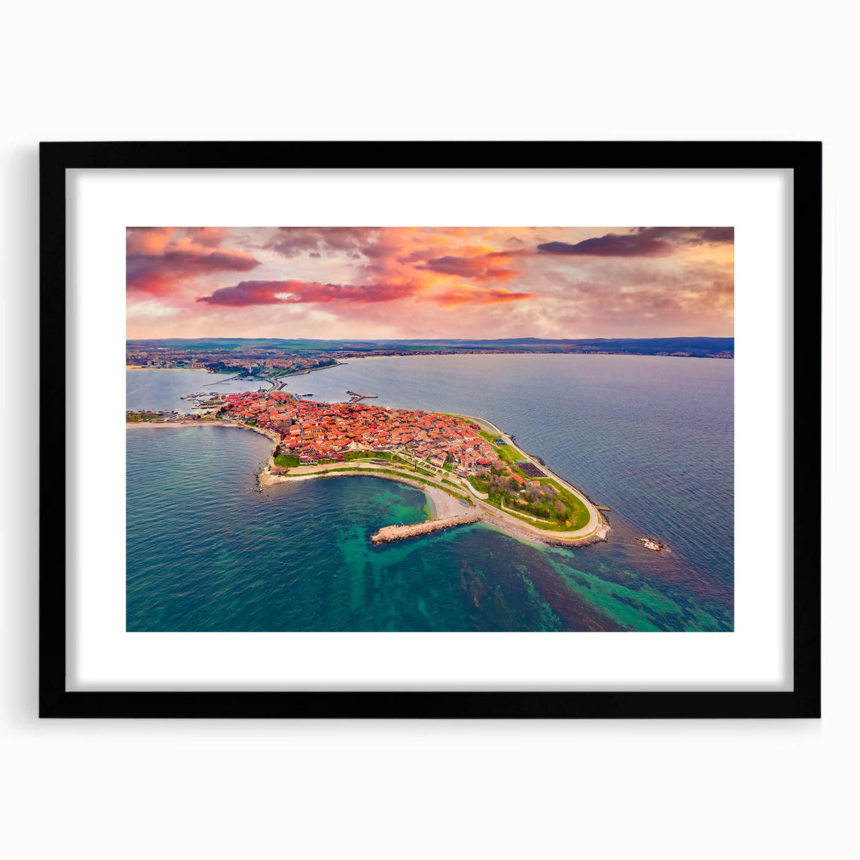 Extra large framed abstract art print featuring colorful, textured scenery of a European landscape.