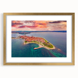 Abstract art print of a European Bulgarian landscape in muted earth tones, framed in gold, suitable for dining room decor.