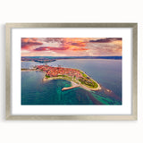 Extra large abstract art print featuring textured scenery of Bulgaria in muted earth tones, framed with a silver mat.