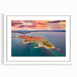 Textured abstract art print of a European scenery in muted earth tones on a white framed canvas, suitable for bedroom decor.