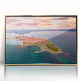 Art deco poster of a Bulgarian scenery in gold and blue tones on framed acrylic.