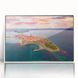 Mid-century modernist art depicting a serene Bulgarian landscape in muted earth tones, framed acrylic.