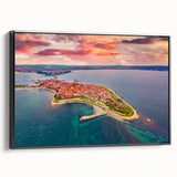 Black and white framed canvas of a Bulgarian landscape, featuring vintage poster art style, ideal for bedroom decor.