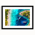 Abstract art print of a colorful European scenery in Croatia, displayed in a black framed mat, ideal for living room decor.
