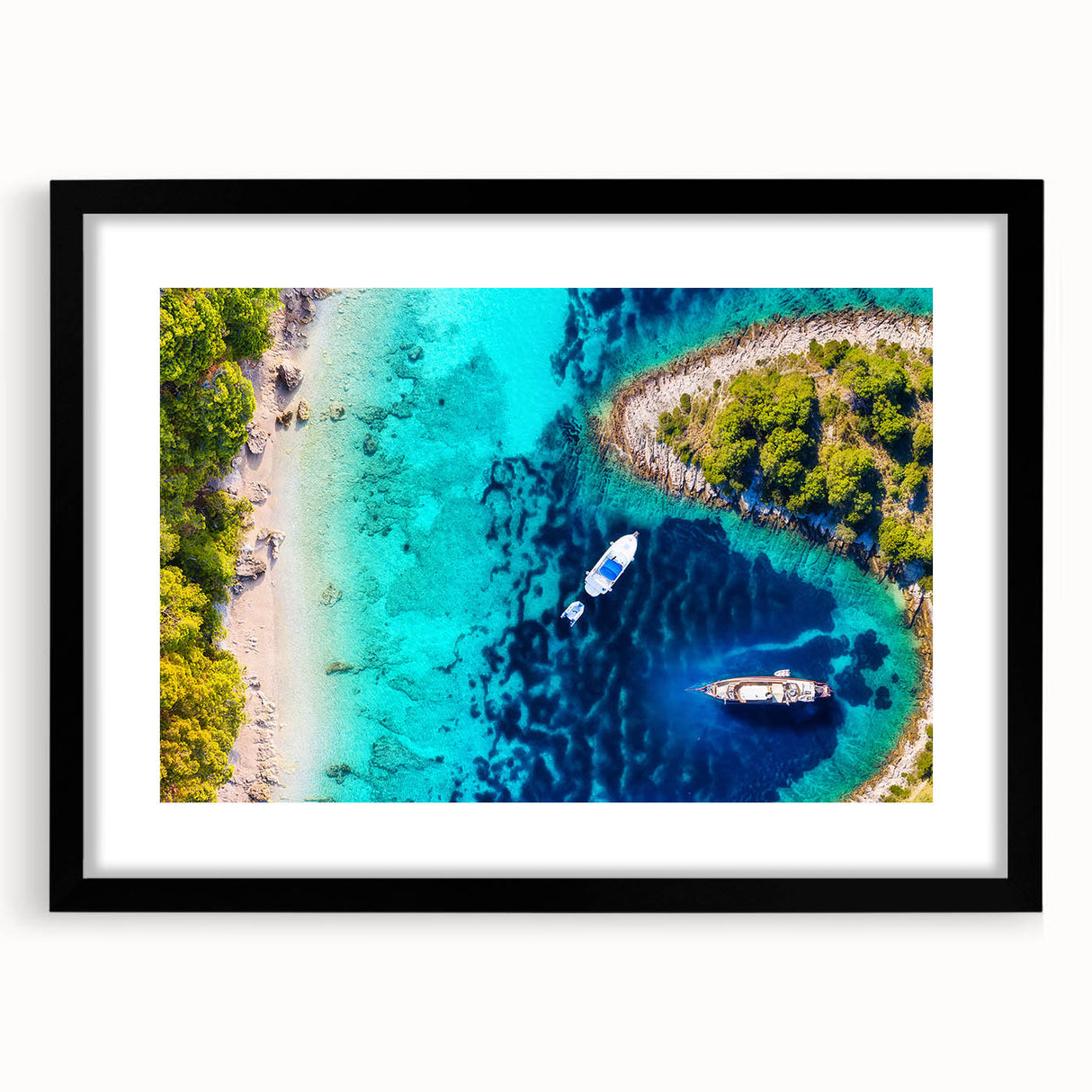 Abstract art print of a colorful European scenery in Croatia, displayed in a black framed mat, ideal for living room decor.