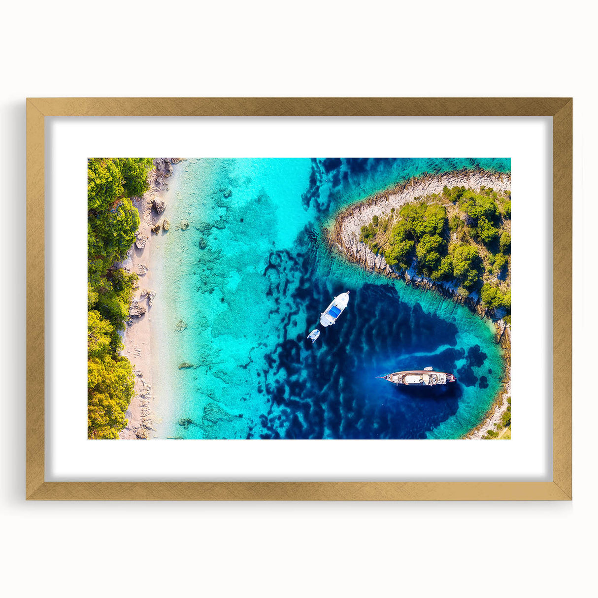 Abstract art print of a European Croatian landscape in muted earth tones, framed in gold, ideal for dining room decor.