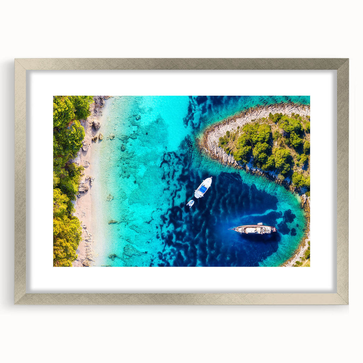 Extra large abstract art print of a textured European scenery in muted earth tones, framed with a silver mat.