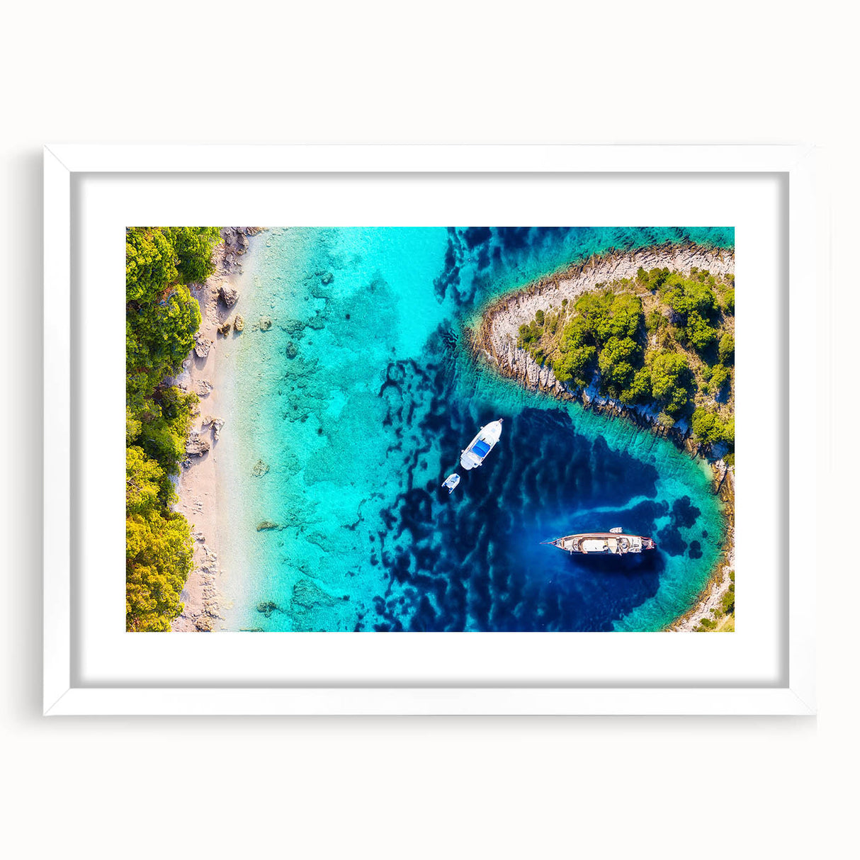 Textured abstract art print of a Croatian landscape in muted earth tones on a framed white mat, suitable for bedroom decor.