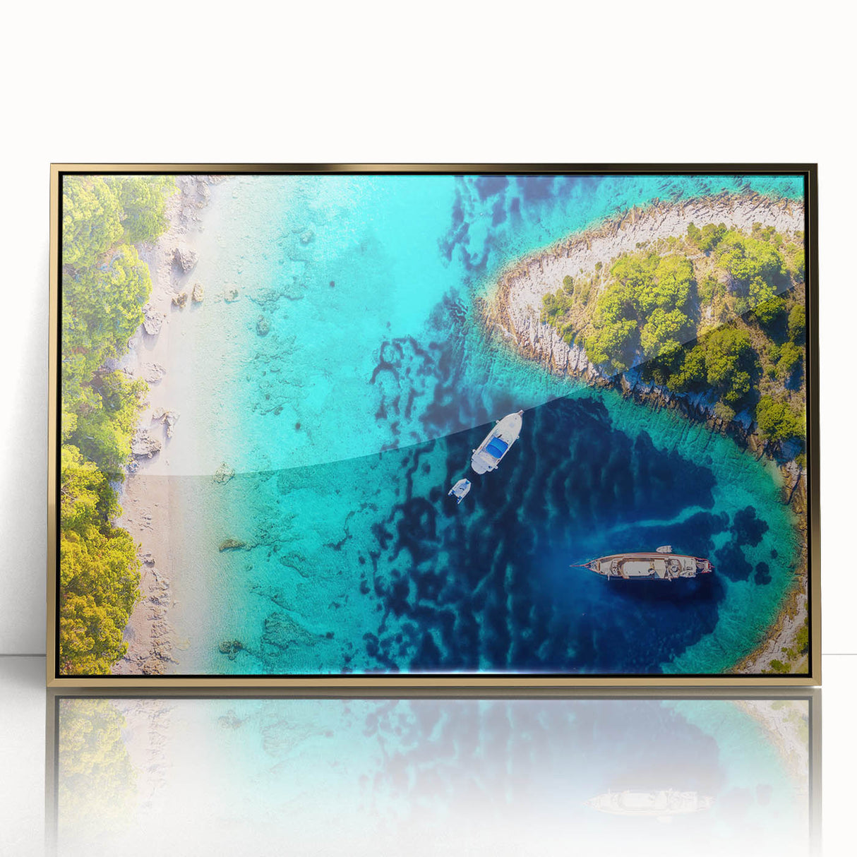 Art deco poster of a European Croatian landscape in gold tones on framed acrylic, suitable for modern art wall decor.