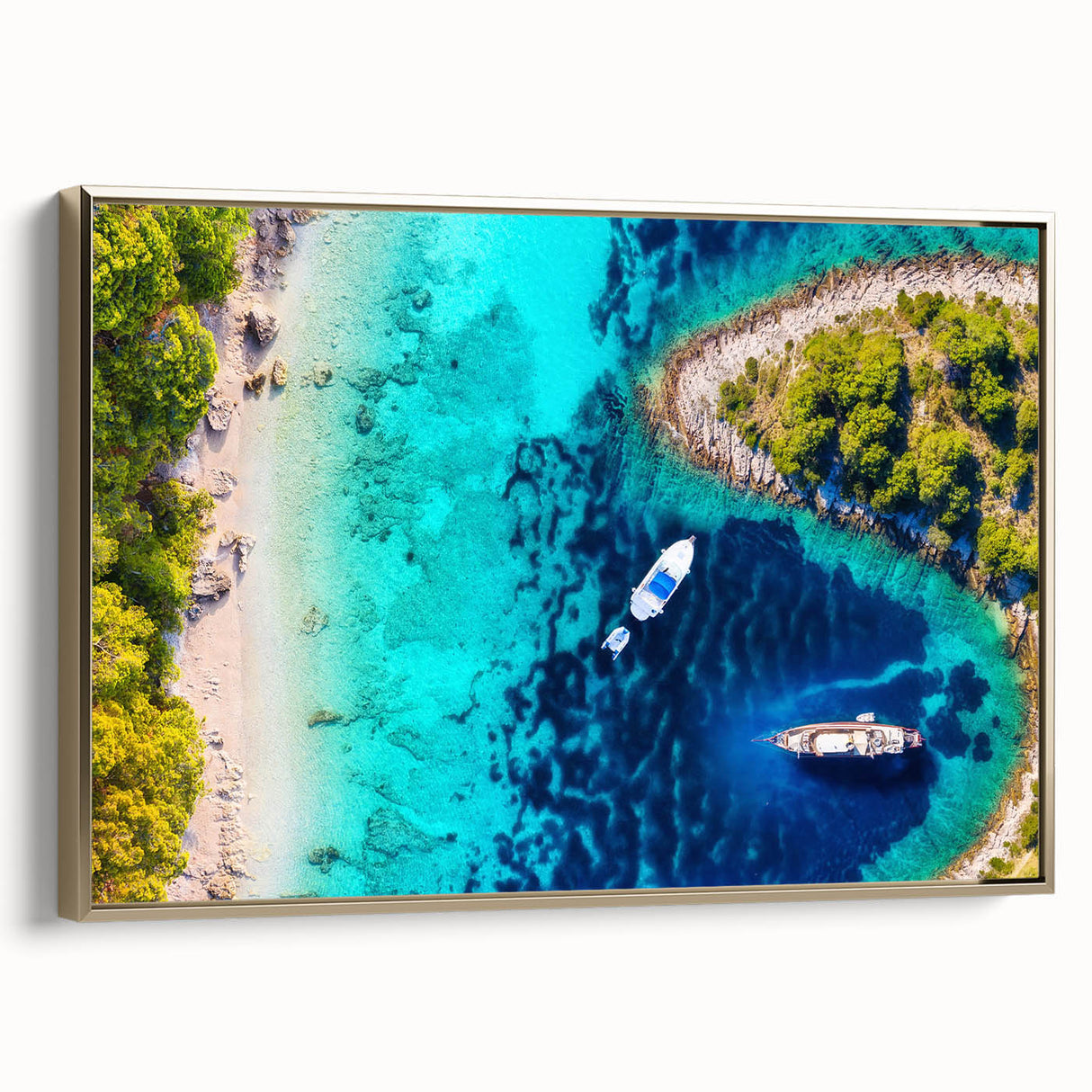 Framed canvas wall art featuring a vintage-style landscape painting of a Croatian scenery in muted earth tones.