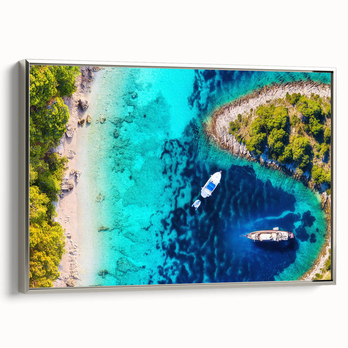 Landscape art painting of a Croatian scenery on framed canvas, featuring vibrant colors with a vintage poster style.