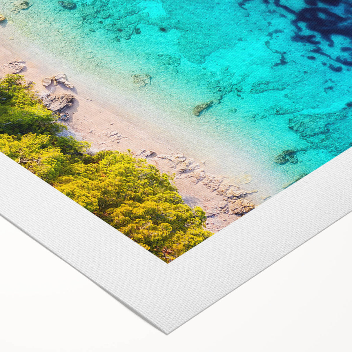 Art deco poster of a Croatian landscape on rolled canvas, featuring muted earth tones, ideal for dining room wall art.