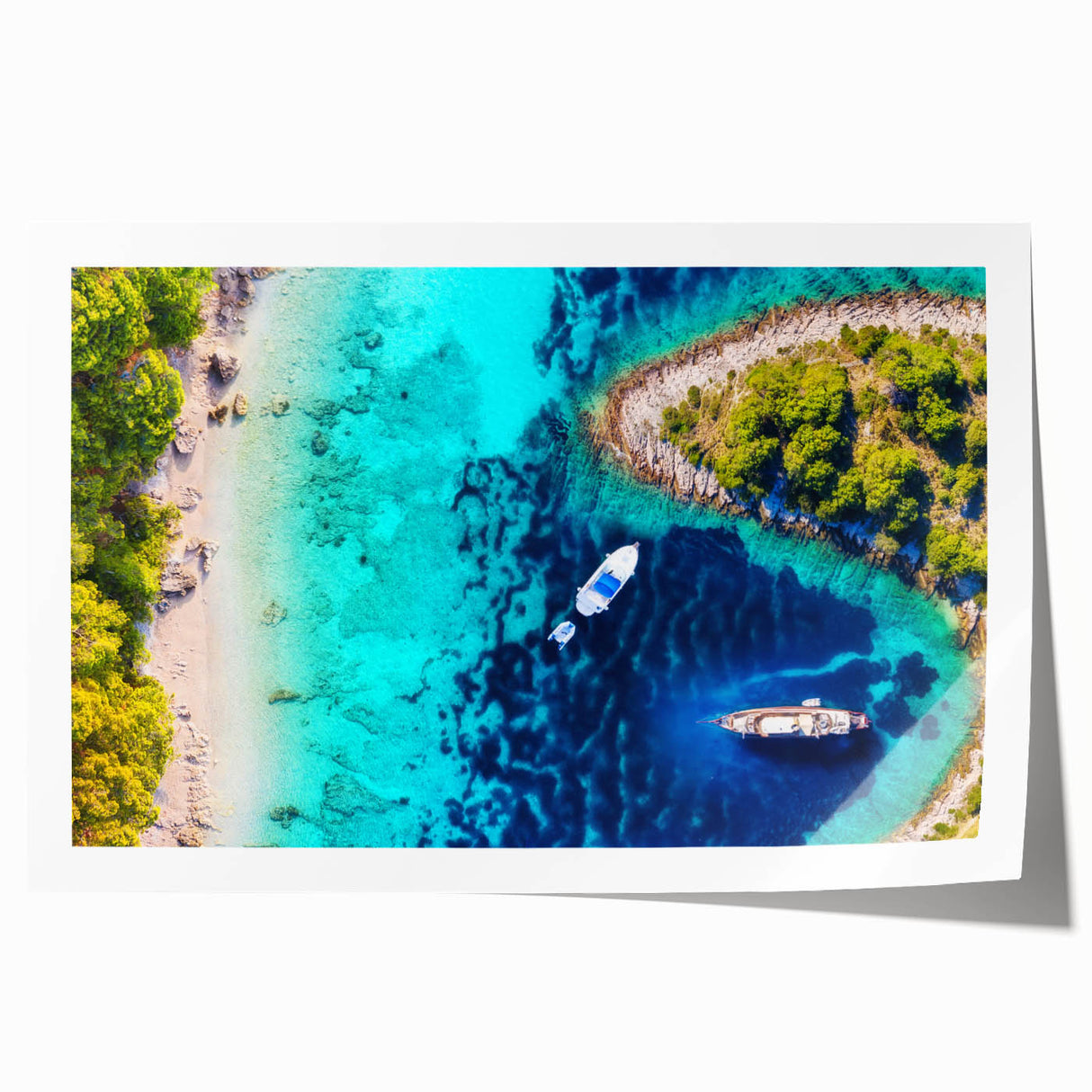 Extra large rolled print of a Croatian landscape with lush floral elements in vibrant greens and blues.
