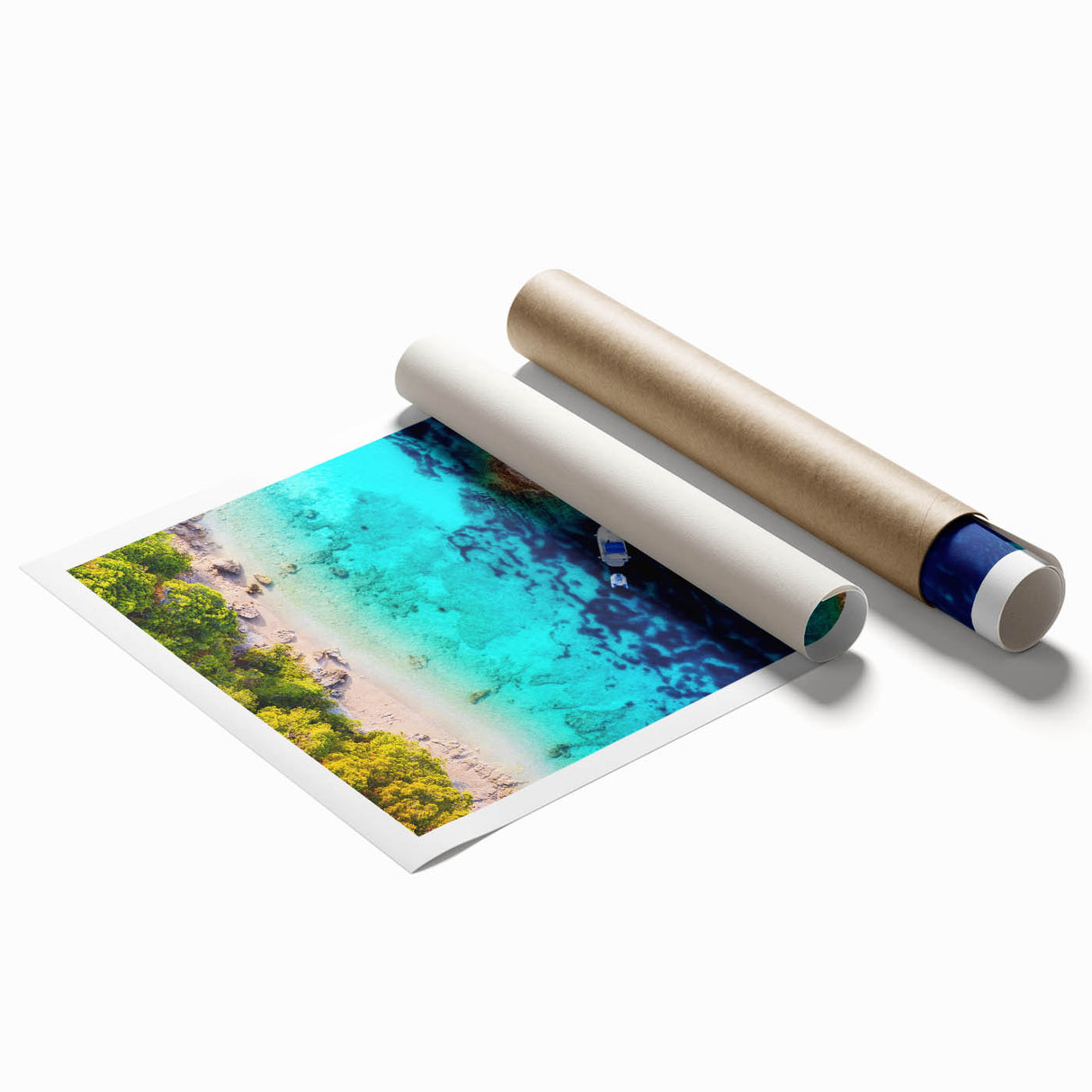 Extra large rolled print of a Croatian landscape with vibrant floral elements, ideal for classy bathroom wall art.