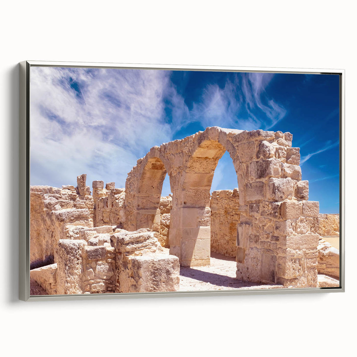 Framed canvas landscape art painting depicting a European Cyprus scenery in colorful and black tones.