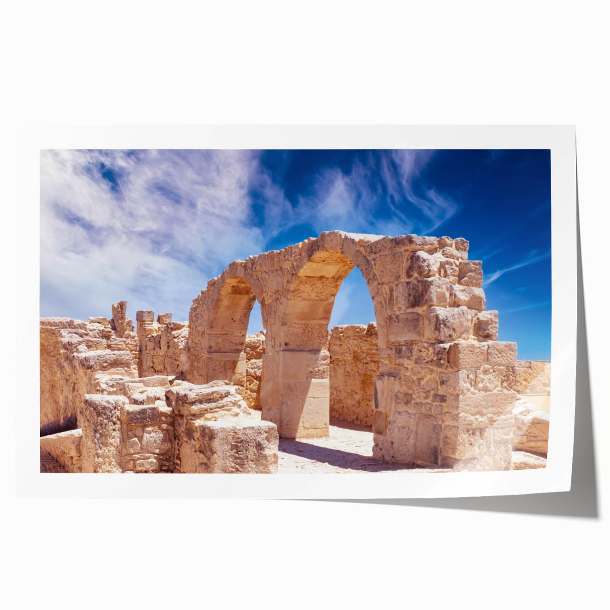 Rolled print of a Cyprus landscape featuring vivid blue and green hues on canvas, suitable for dining room wall art.