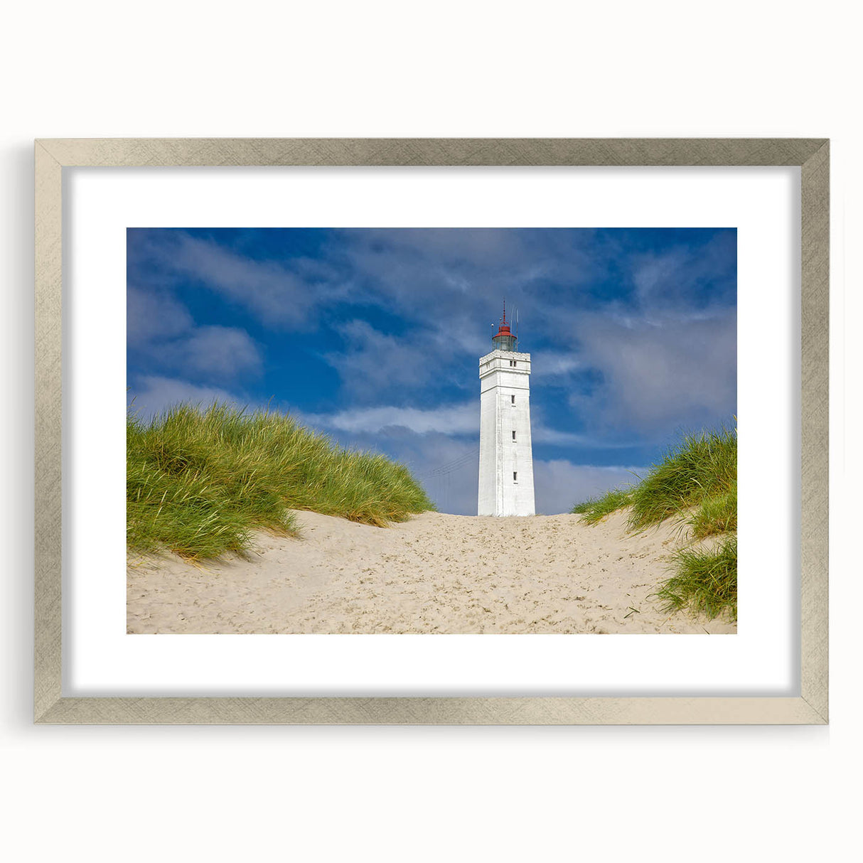 Extra large abstract art print of a European scenery in Denmark, with textured details, in a silver frame with mat.