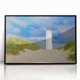 Large abstract wall art depicting a European cityscape in muted gray and blue tones, framed in black acrylic.