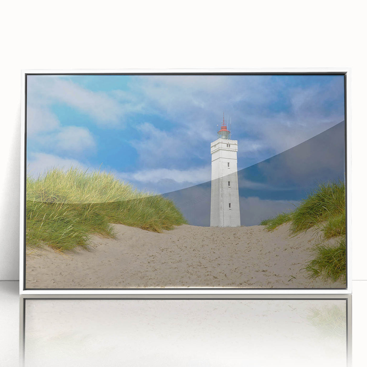 Mid-century modernist art depicting a serene Danish landscape in muted earth tones, framed acrylic.