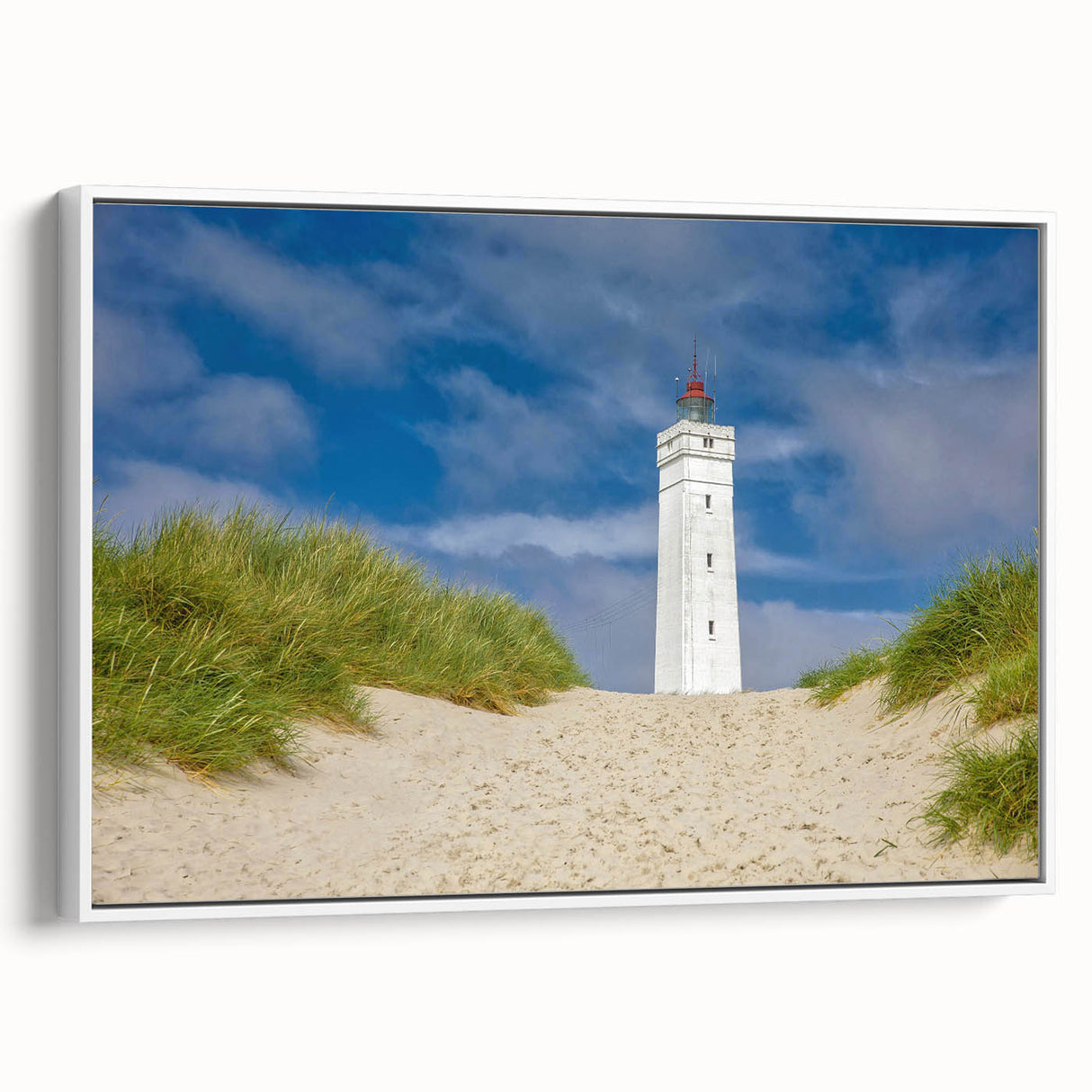 Vintage poster art of a European Denmark scenery on a large framed canvas, featuring colorful art in muted tones.