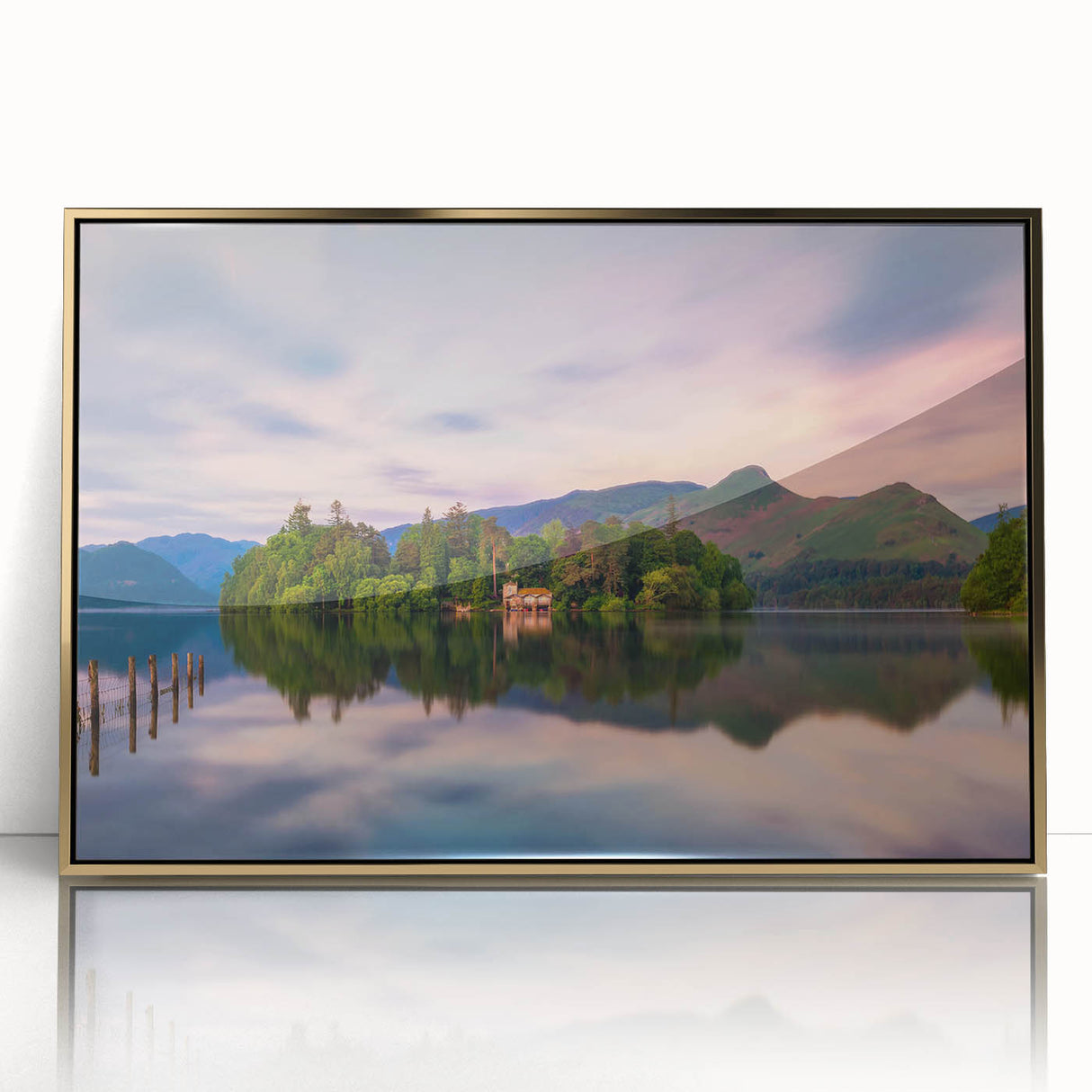 Acrylic print of a Cumbria, England landscape in art deco style with gold frame, suited for modern art wall decor.
