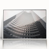 Mid-century modernist art depicting London scenery in muted grays and blues on a white framed acrylic.