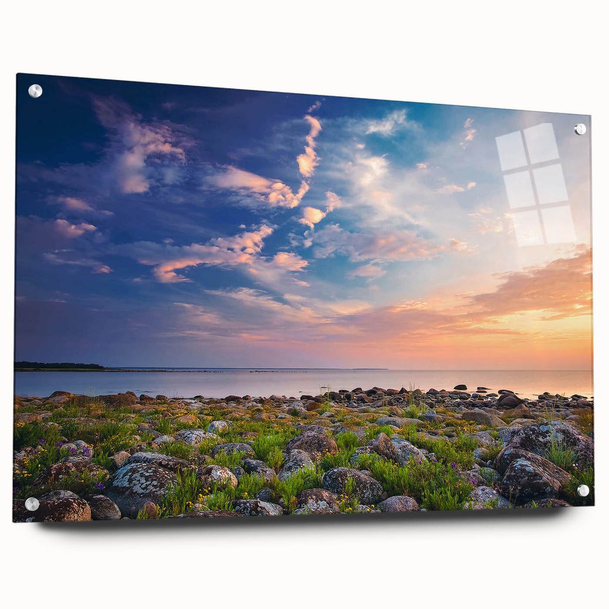 Acrylic glass print of a large abstract landscape in cool blues and greens, ideal for dining room decor.