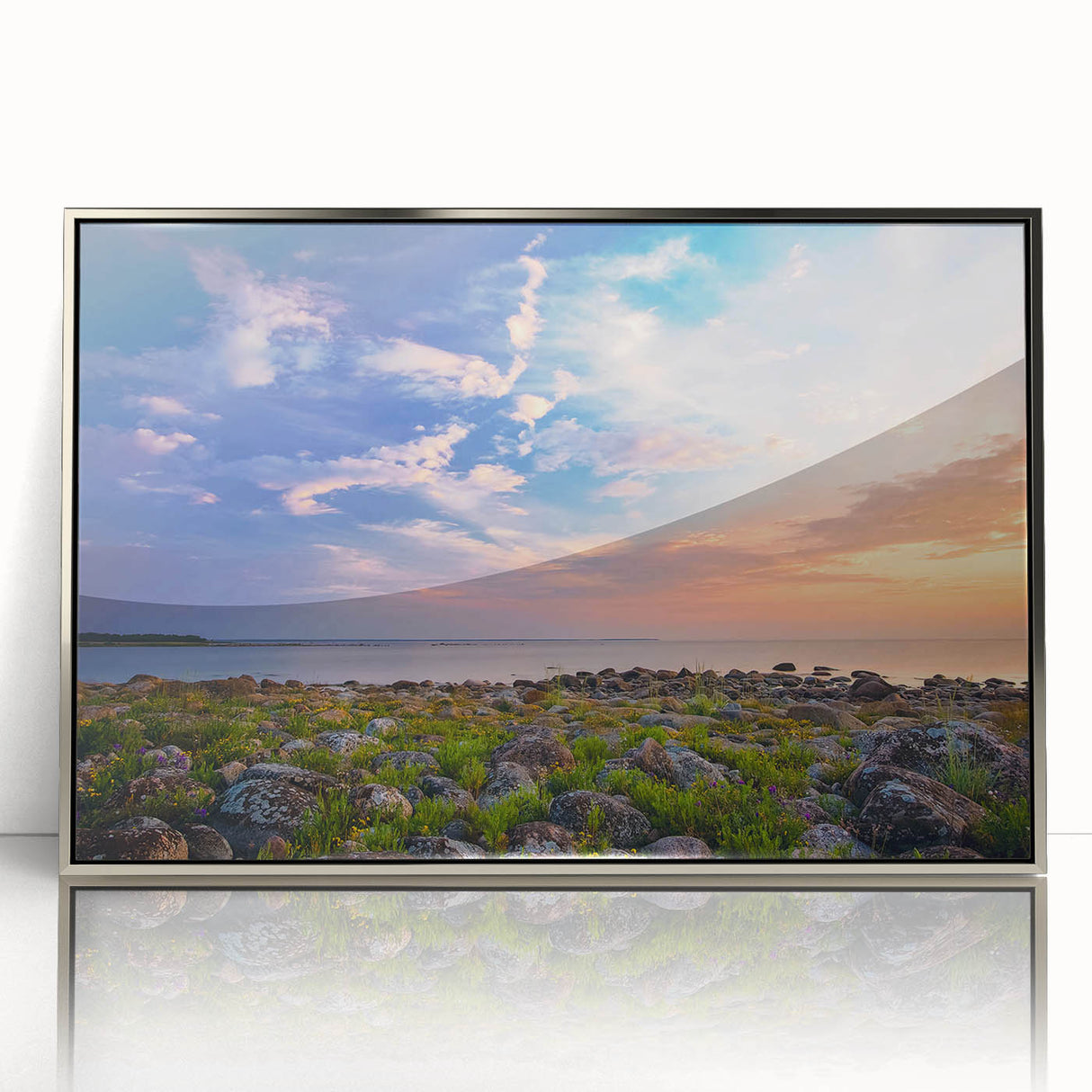 Large art print of a European Estonian scenery in muted earth tones, framed in silver acrylic.