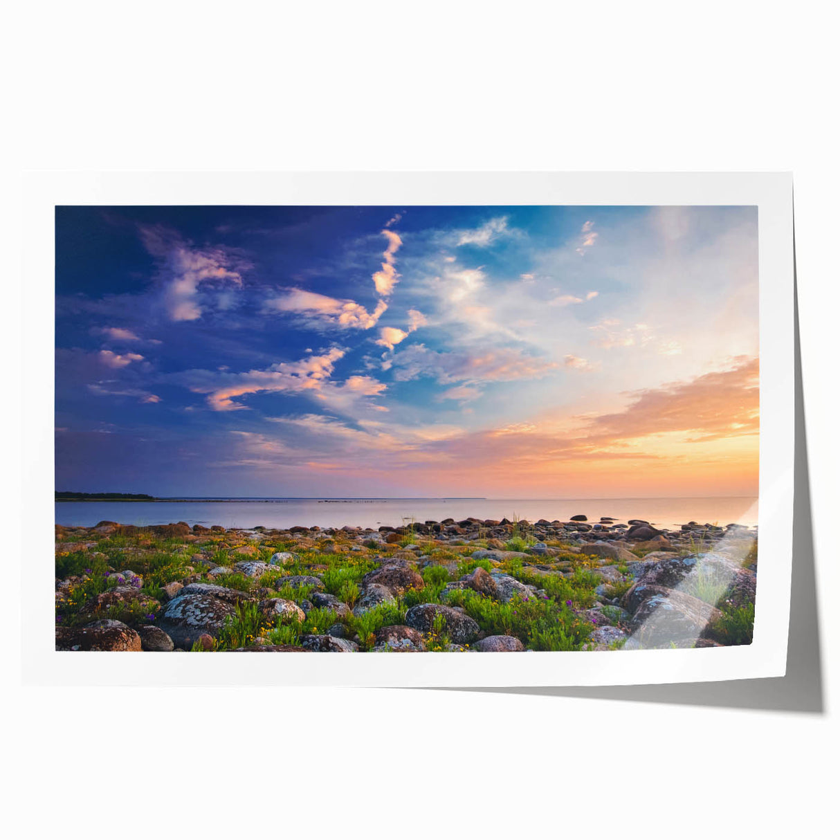 Rolled canvas print of a European scenic landscape in muted green and blue tones, suitable for dining room or bathroom decor.