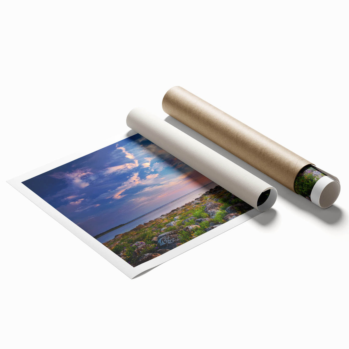 Rolled print of a European landscape featuring soft floral elements in muted earth tones, ideal for classy bathroom wall art.