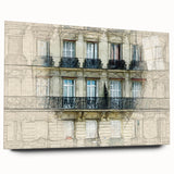 Large acrylic print of a Paris skyline in muted blue and gray tones, suitable for bedroom or dining room decor.