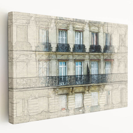 Paris cityscape with Eiffel Tower on large stretched canvas, in muted gray tones, ideal for kitchen wall art.