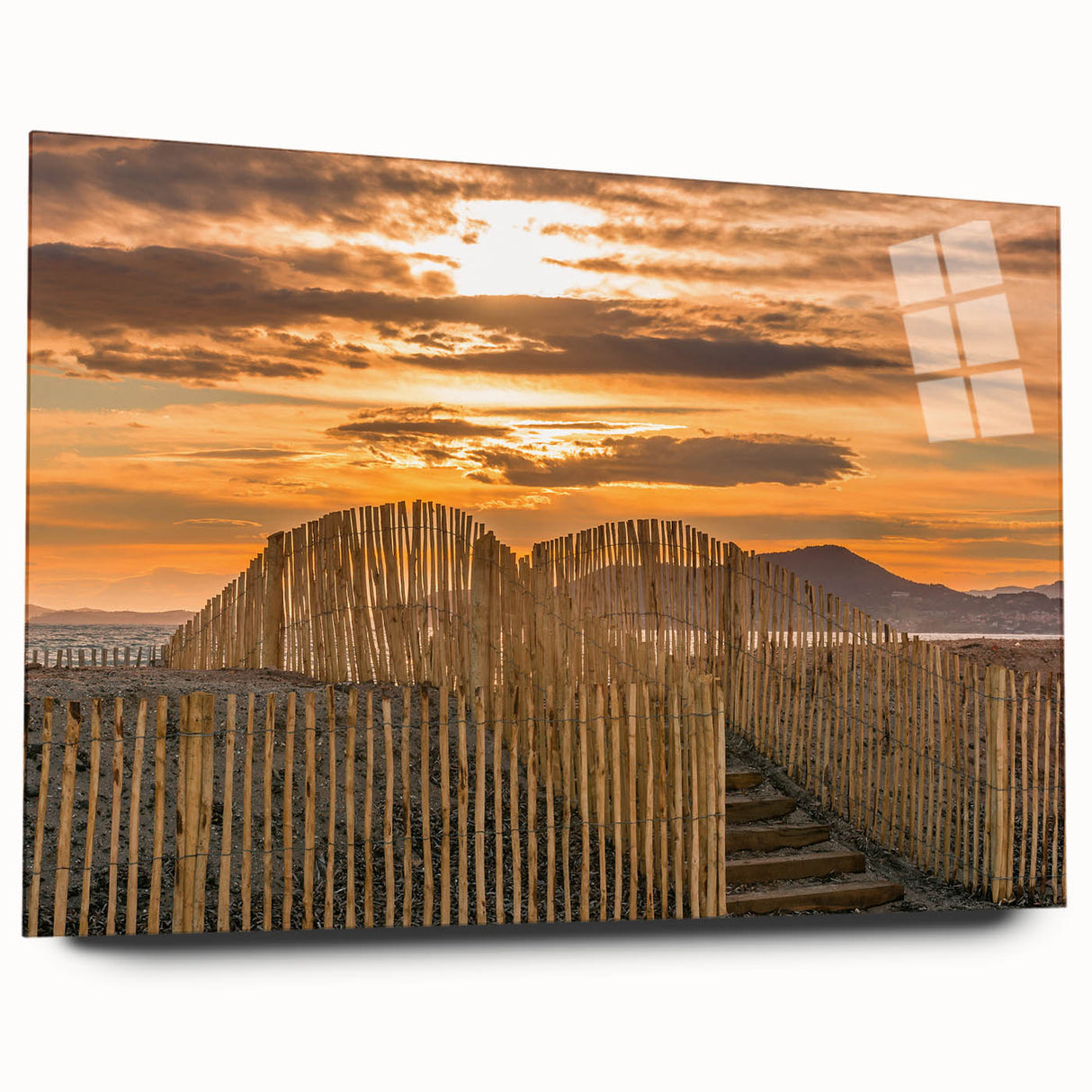 Large abstract wall art depicting a serene South France landscape in muted colors on acrylic glass.