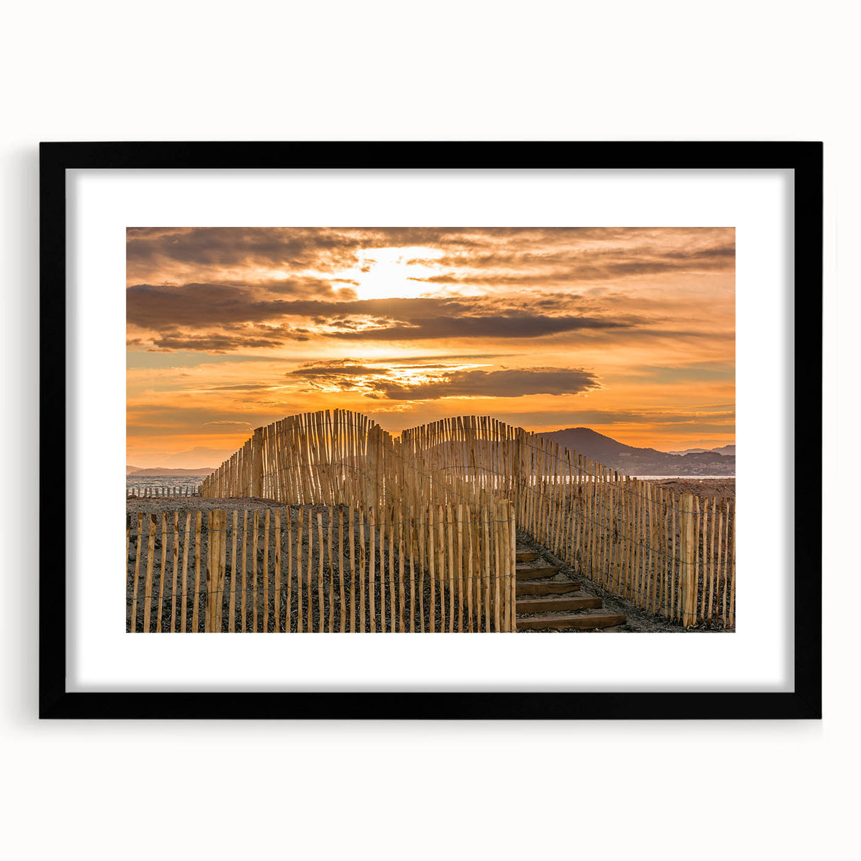 Extra large abstract art print of a colorful, textured European landscape in a black frame, ideal for living room decor.