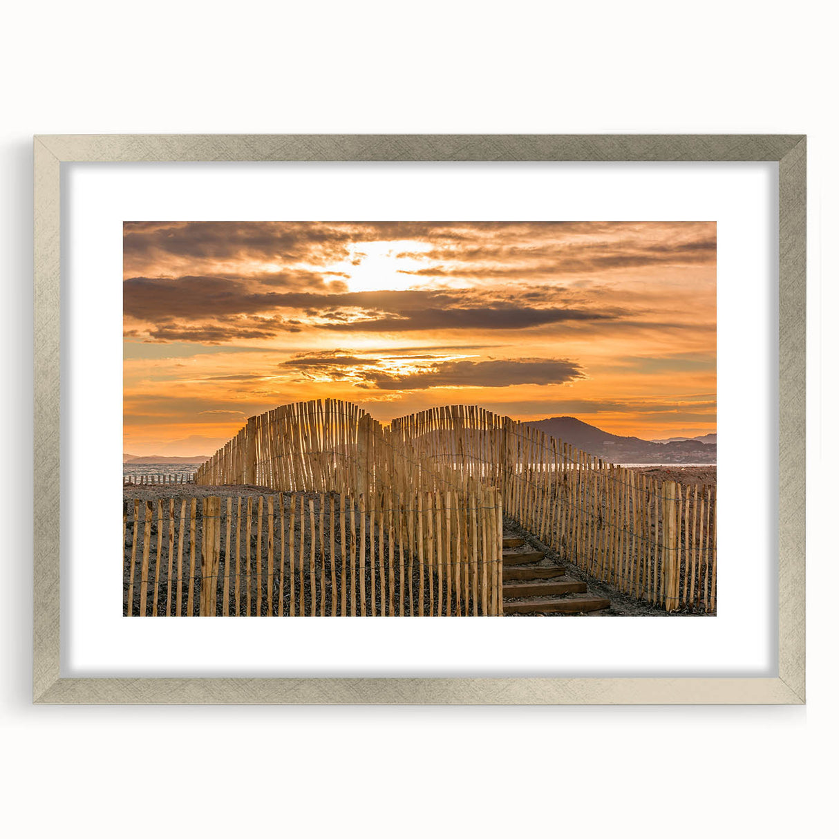 Extra large abstract art print of a textured French landscape in muted earth tones, framed in silver.