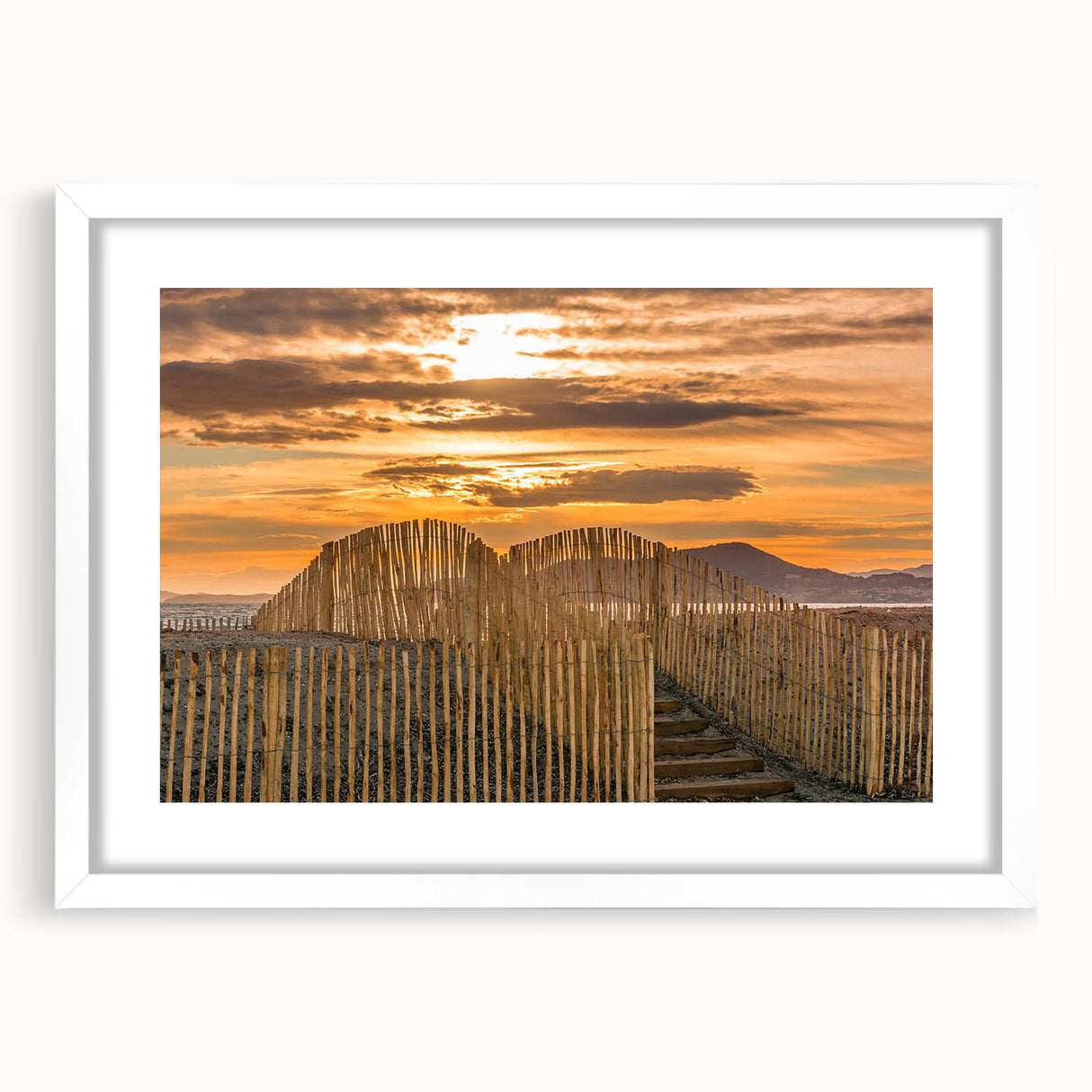 Textured abstract art print depicting a serene South France landscape in muted earth tones, framed in white.