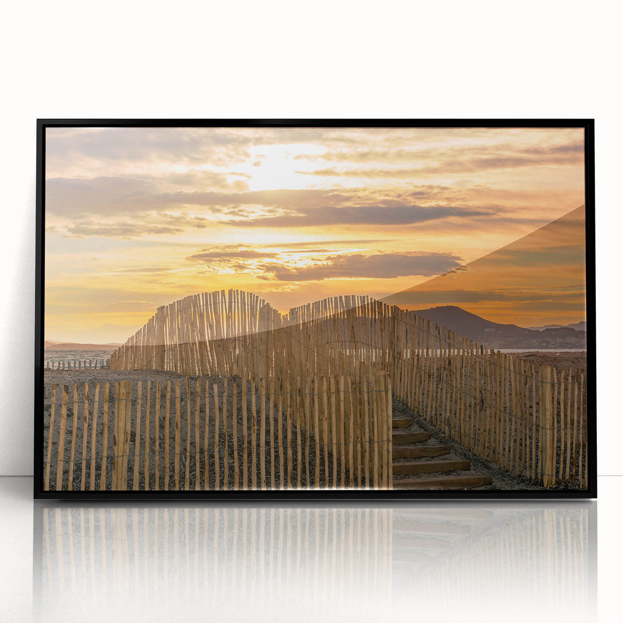 Large abstract wall art featuring a mid-century modernist depiction of a South France scenery in black acrylic frame.
