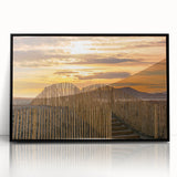 Large abstract wall art featuring a mid-century modernist depiction of a South France scenery in black acrylic frame.