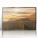 Large art print of a mid-century modernist European scenery in France, framed in silver acrylic.