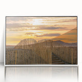 Mid-century modernist art depicting a serene South France landscape in muted earth tones, framed acrylic.