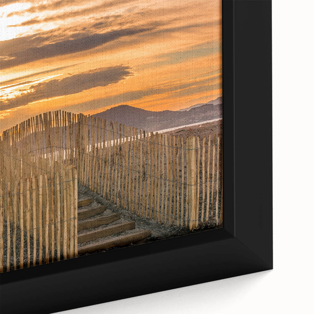 Extra large framed canvas featuring a textured depiction of a vibrant European village in black with colorful accents.