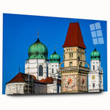 Large abstract wall art of Bavarian scenery in muted green and blue tones on acrylic glass.