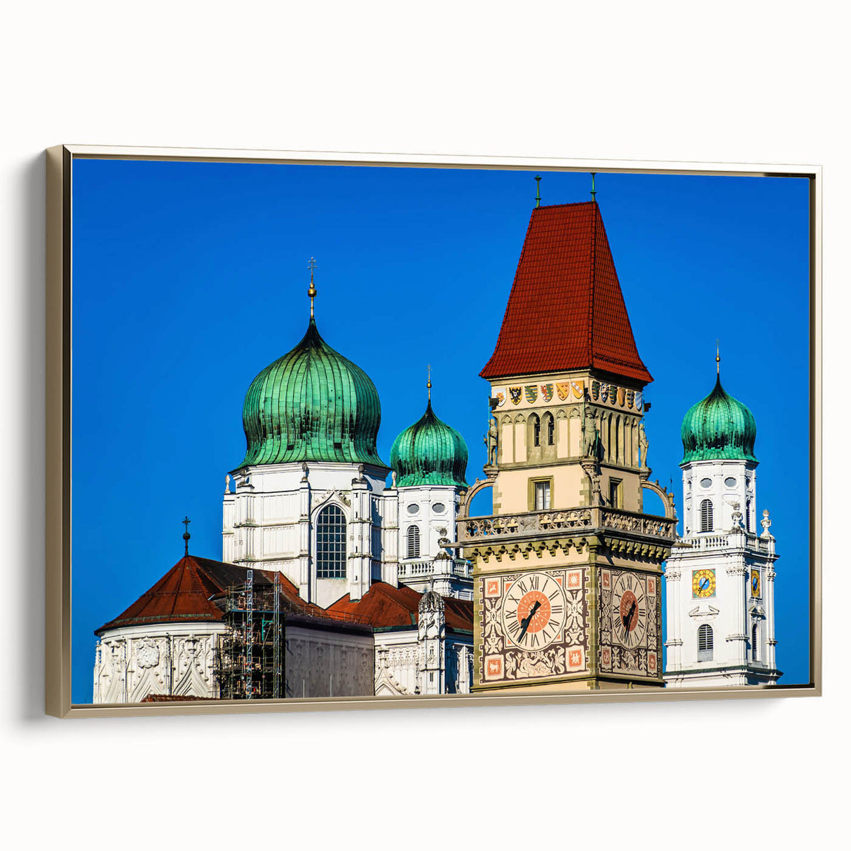 Framed canvas of a vintage-style Bavarian landscape in muted earth tones, ideal for bedroom wall art.