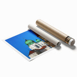 Extra large rolled print of a Bavarian landscape with vibrant floral foreground on a misty morning.