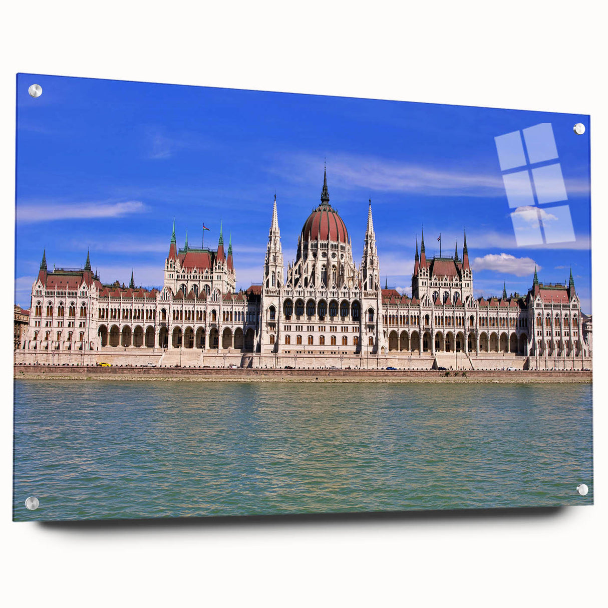 Acrylic glass print of a European scenery with muted earth tones, ideal for dining room decor.