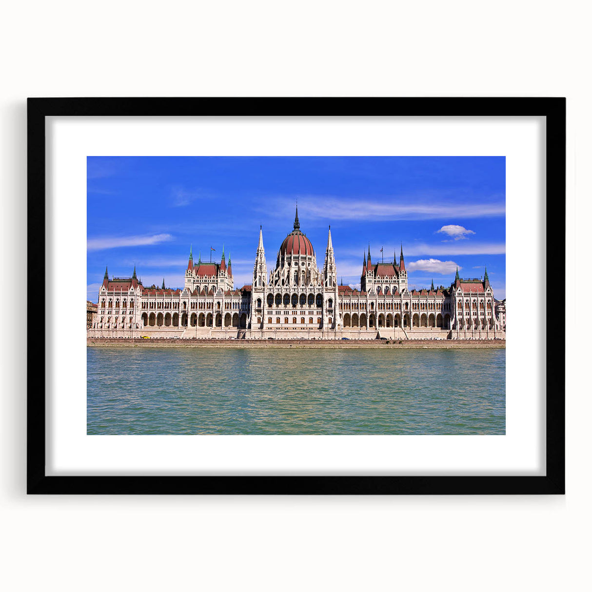 Extra large colorful abstract art print of a textured European scenery, framed in black, ideal for living room decor.