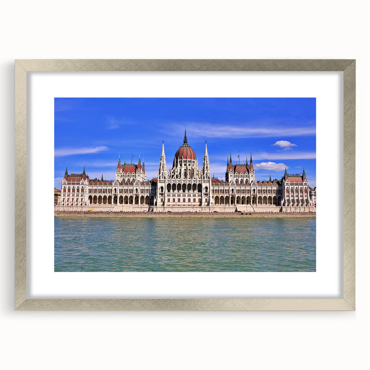 Extra large abstract art print of a textured European scenery in silver frame, ideal for living room decor.