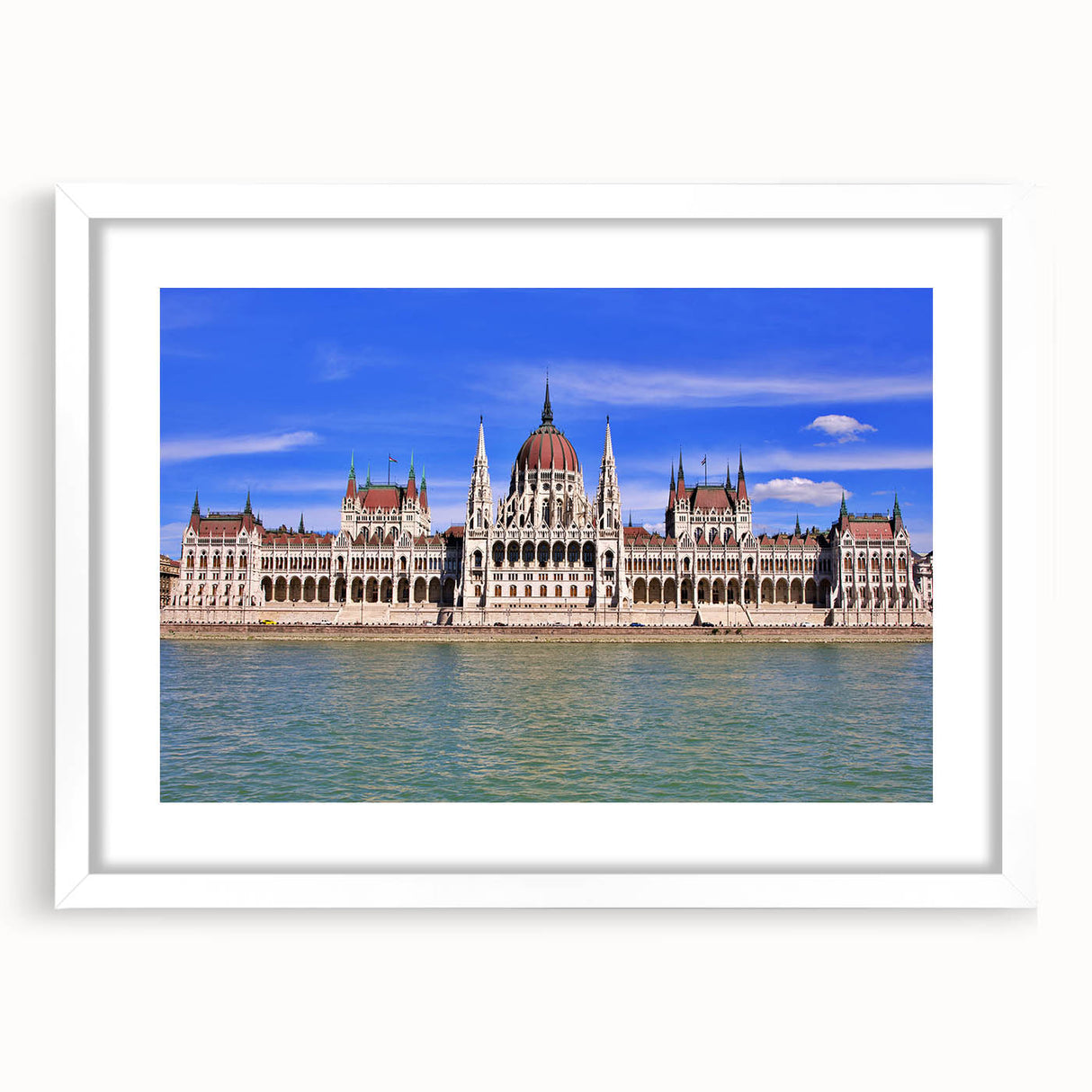 Textured abstract art print of a European scenery in muted earth tones, framed with a white mat, suitable for bedroom decor.